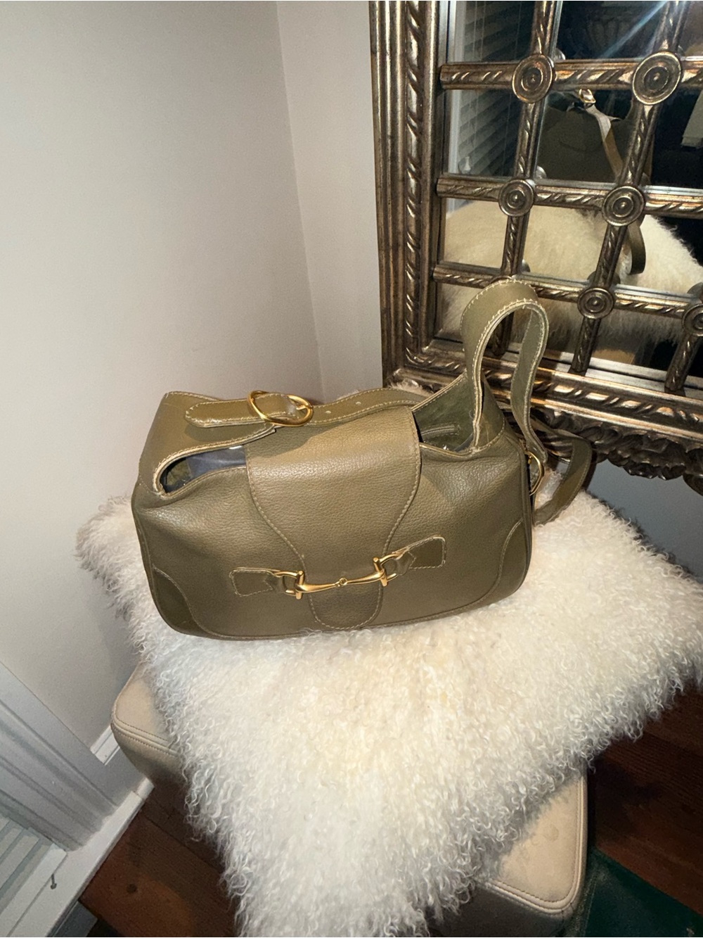 Vintage GUCCI Olive Green Leather Horsebit Flap Bag Y2K Tom Ford - Picture 10 of 16